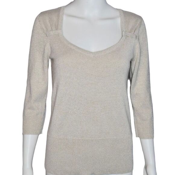 White House Black Market Sweaters - Women’s White House Black Market Gold Shimmer Metallic 3/4 Sleeve Sweater - Sz X